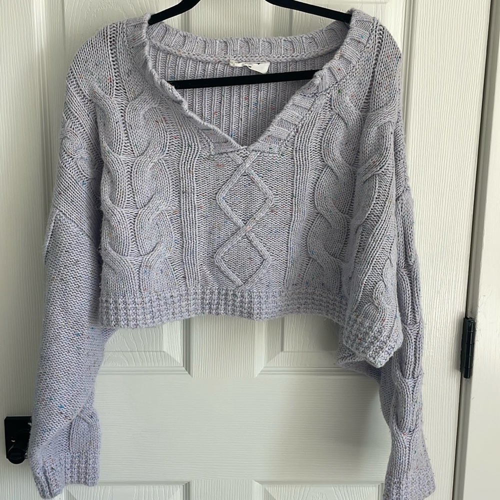 Lavender cropped sweater with confetti pattern